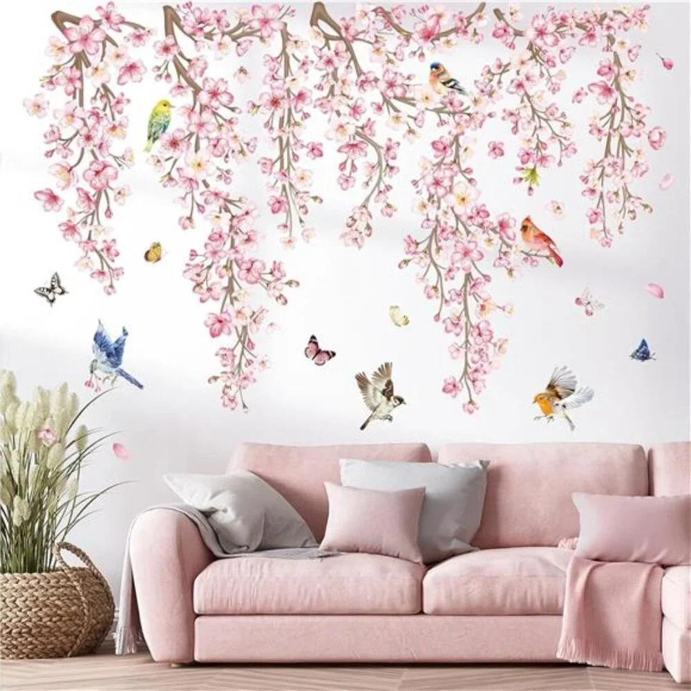 Cherry Blossom Wall Stickers Flower Vine Birds Peel and Stick Wall Decals Bedroo